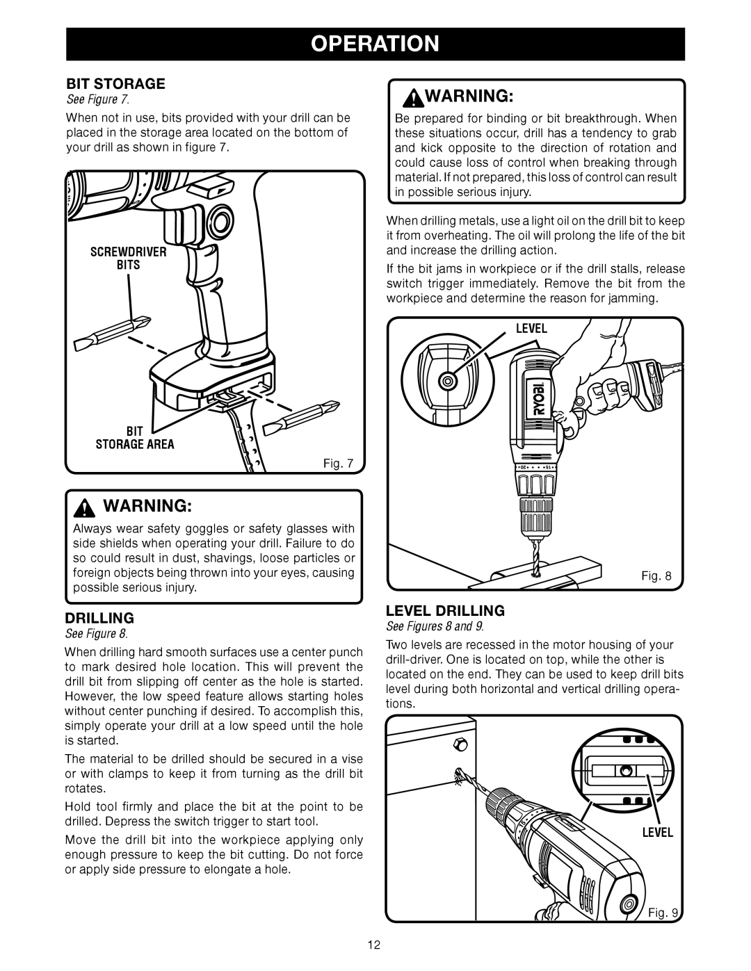 Ryobi D45CK manual Level Drilling, Screwdriver Bits BIT Storage Area 