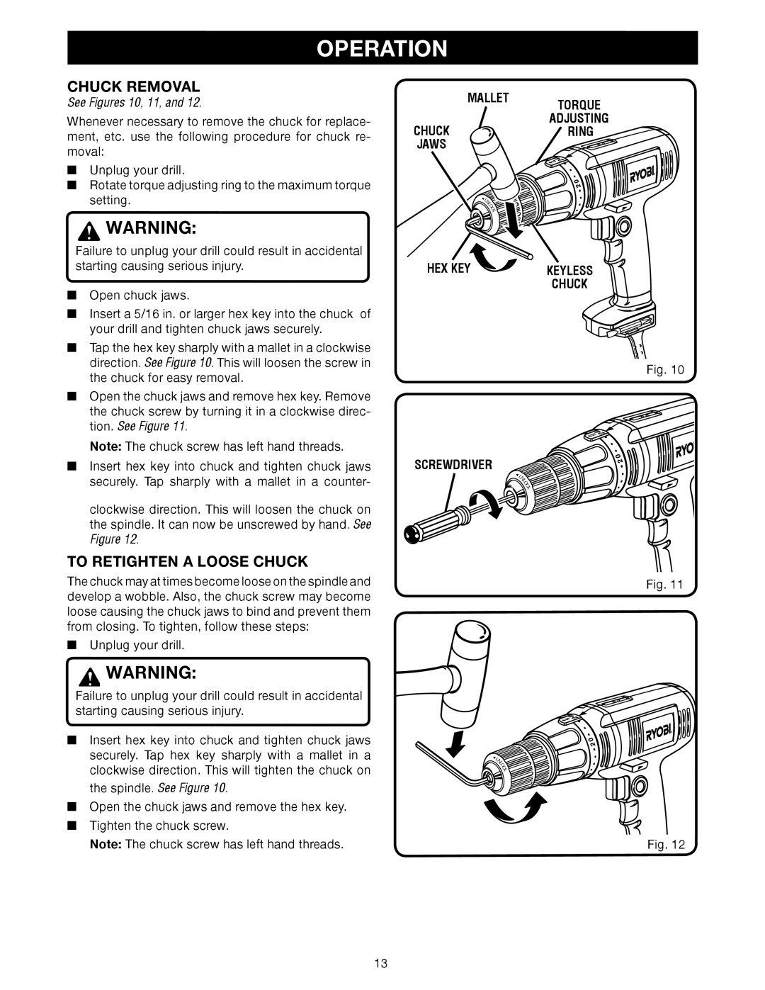 Ryobi D45CK manual Chuck Removal, To Retighten a Loose Chuck, Mallet Chuck Jaws Torque Adjusting Ring, Hex Key, Screwdriver 