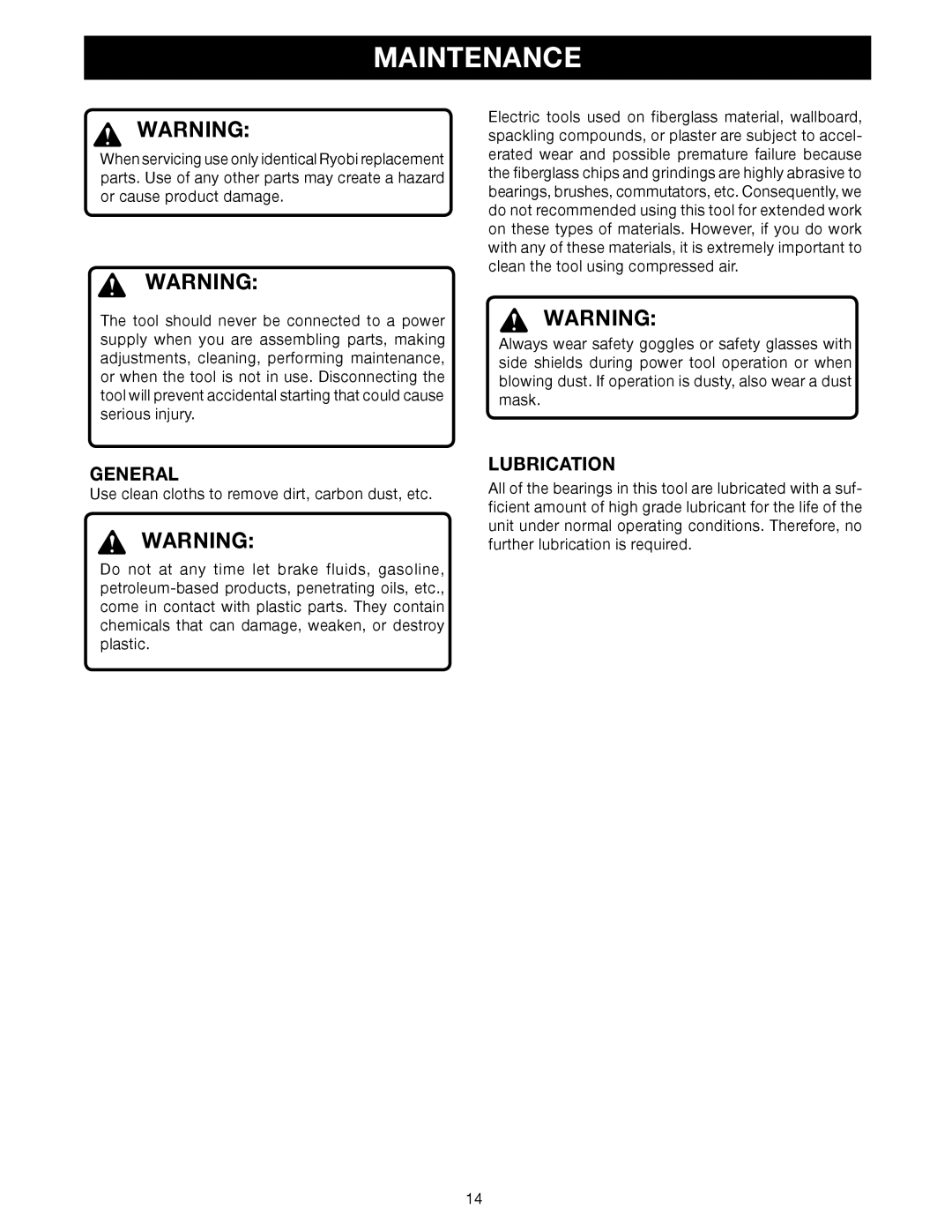 Ryobi D45CK manual Maintenance, General, Lubrication 