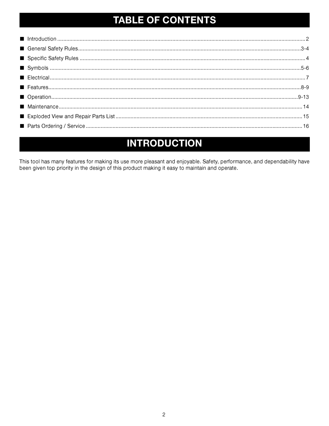 Ryobi D45CK manual Table of Contents, Introduction 