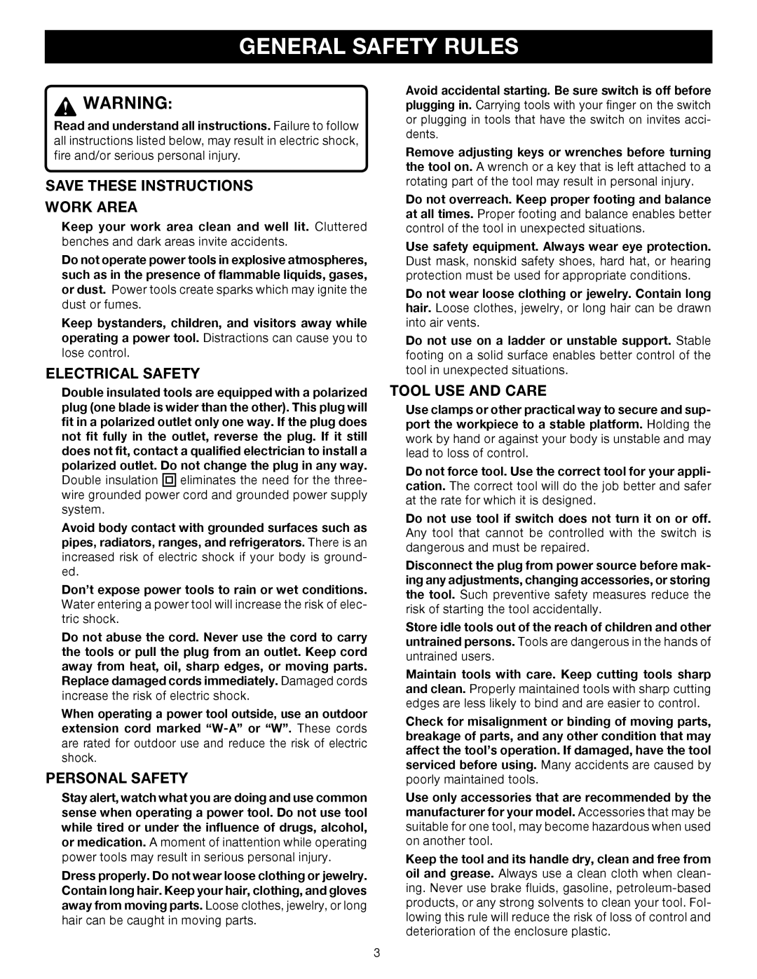 Ryobi D45CK manual General Safety Rules, Work Area, Electrical Safety, Personal Safety, Tool USE and Care 