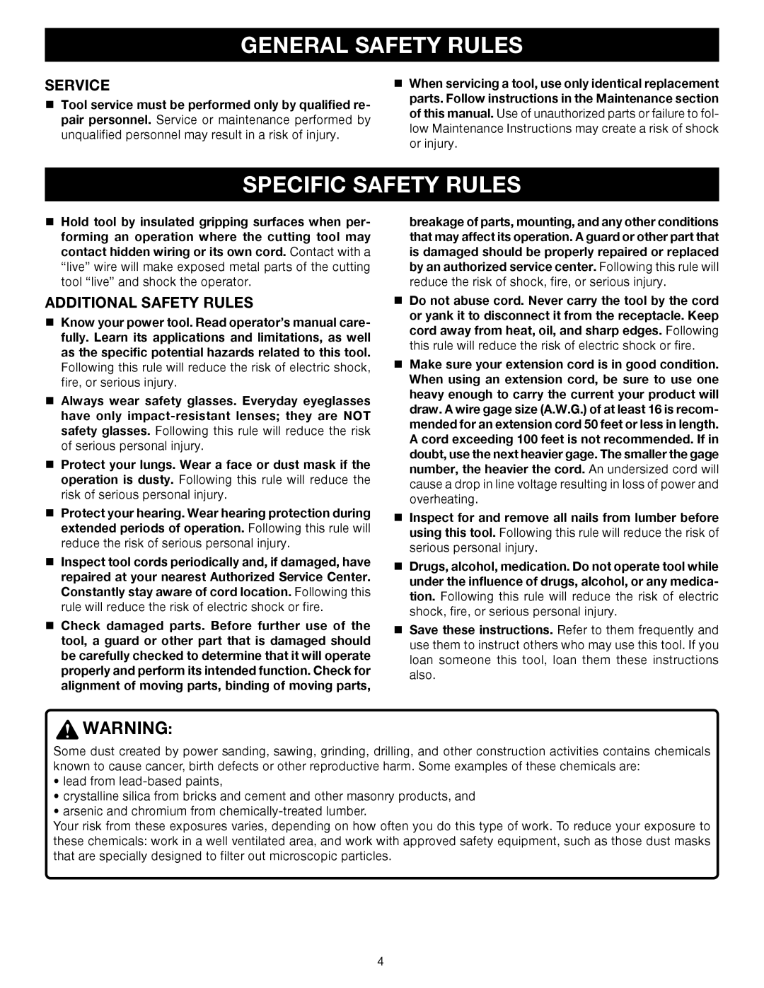 Ryobi D45CK manual Specific Safety Rules, Service, Additional Safety Rules 