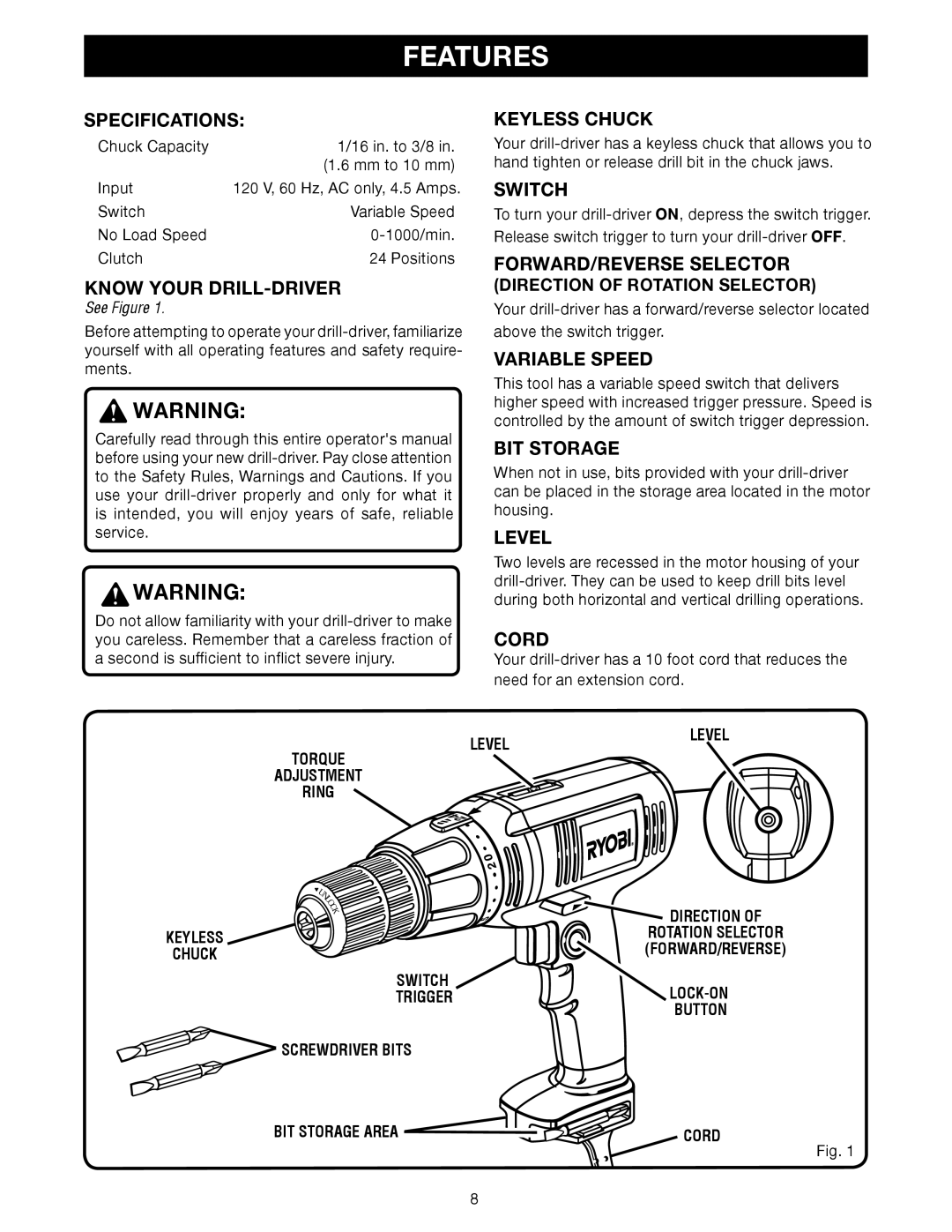 Ryobi D45CK manual Features 