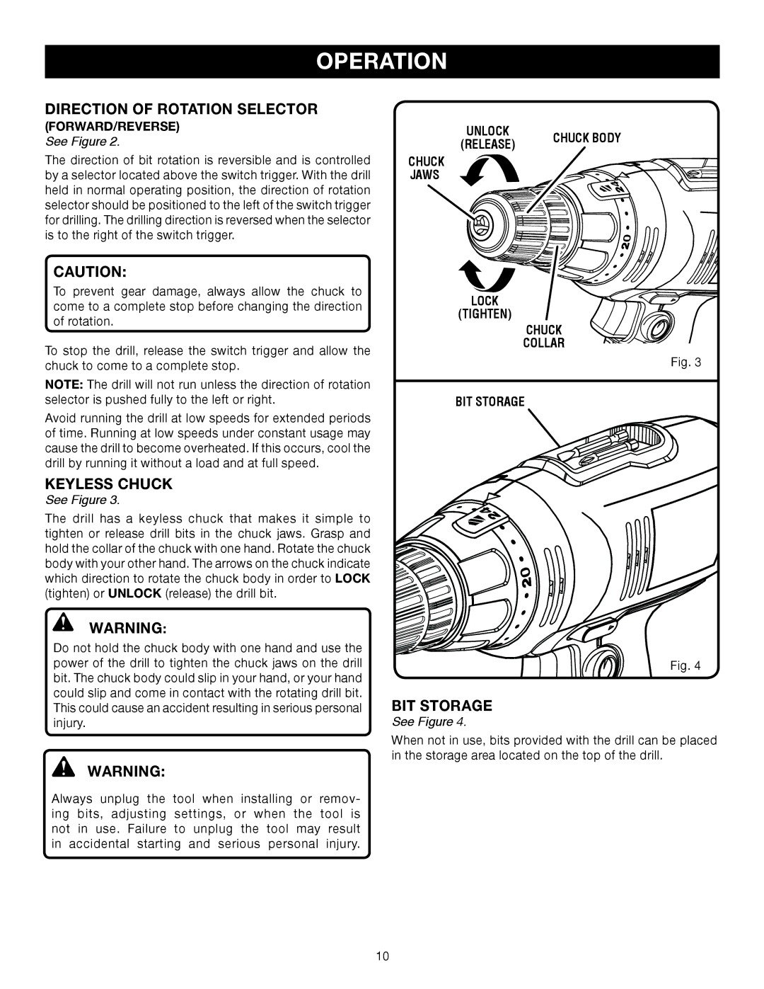 Ryobi D46C manual Lock Tighten Chuck Collar BIT Storage 