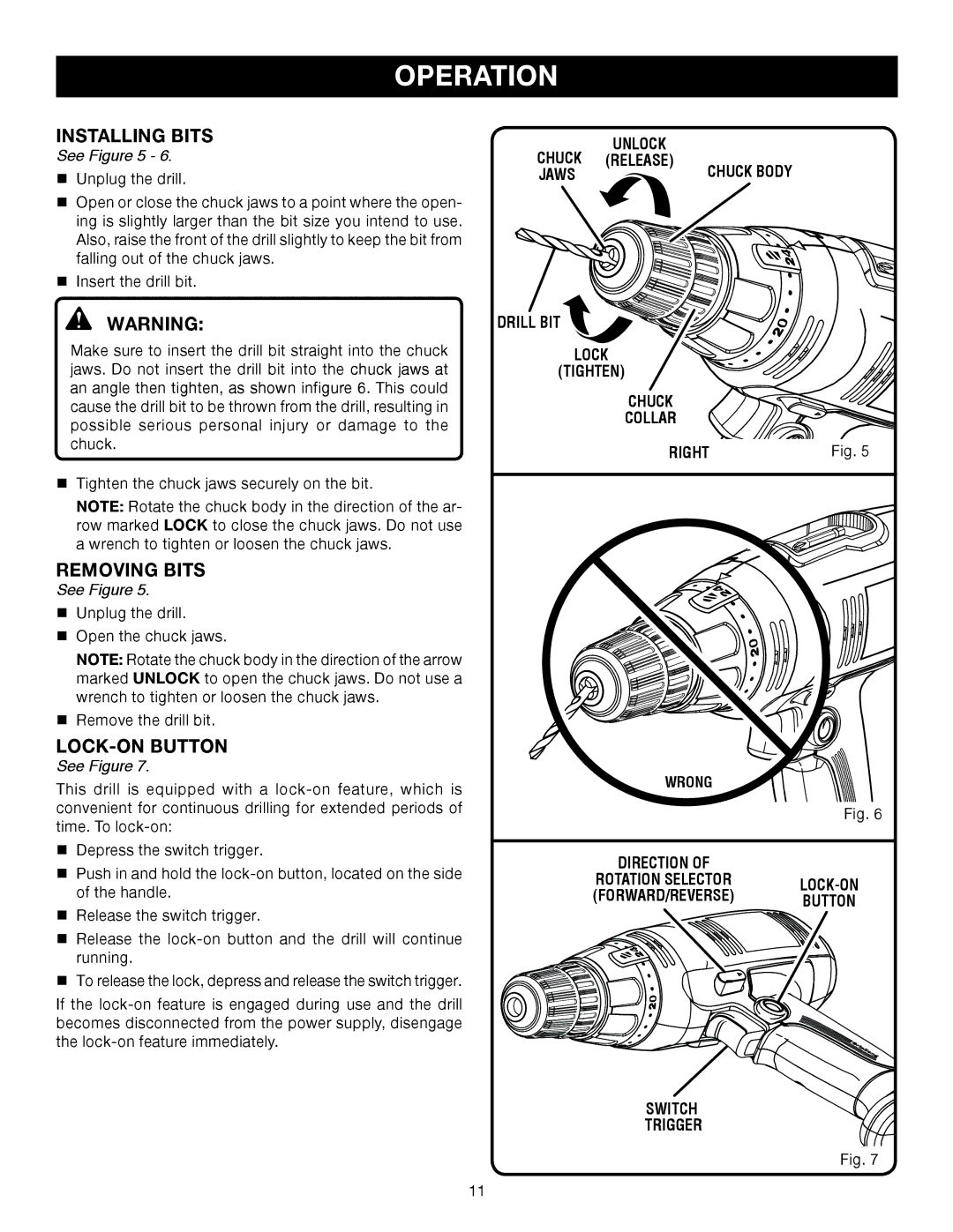 Ryobi D46C manual Installing Bits, Removing Bits 