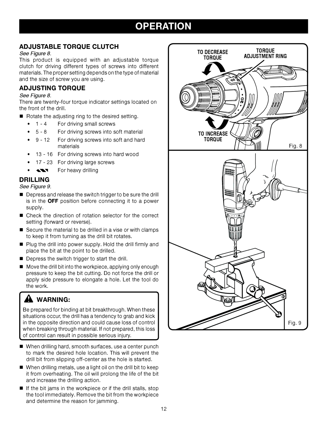 Ryobi D46C manual Adjustable Torque Clutch, Adjusting Torque, Drilling 