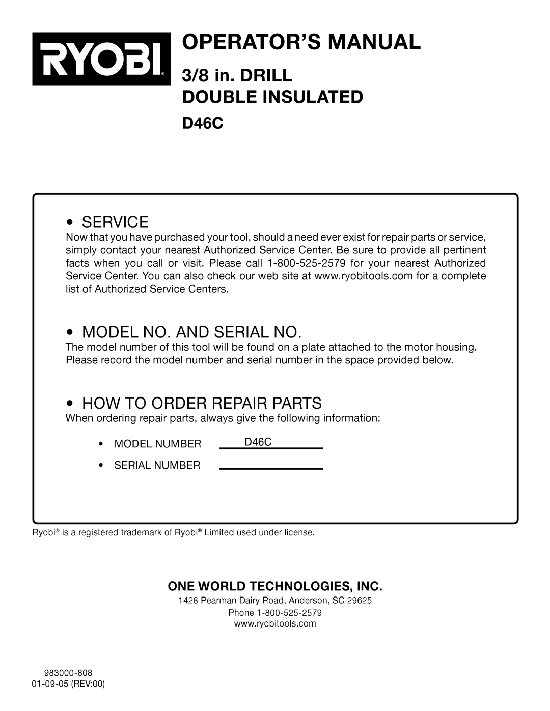 Ryobi D46C manual Service Model NO. and Serial no 