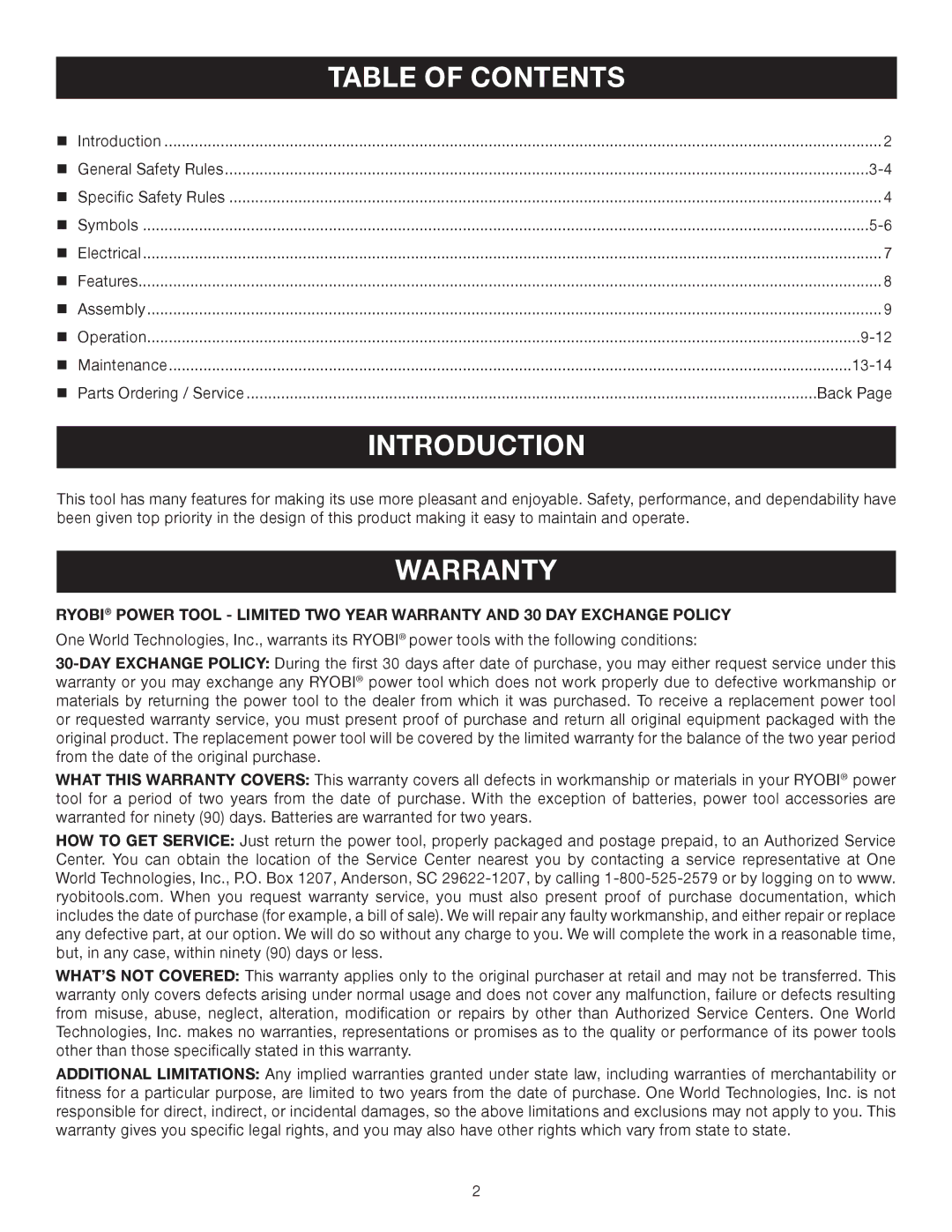 Ryobi D46C manual Introduction, Warranty 