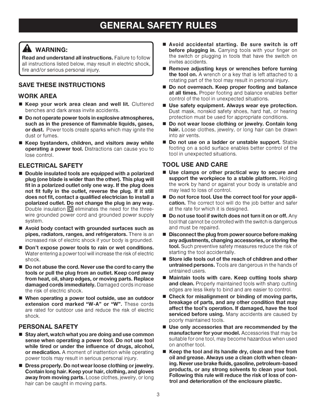 Ryobi D46C manual General Safety Rules, Work Area, Electrical Safety, Personal Safety, Tool USE and Care 