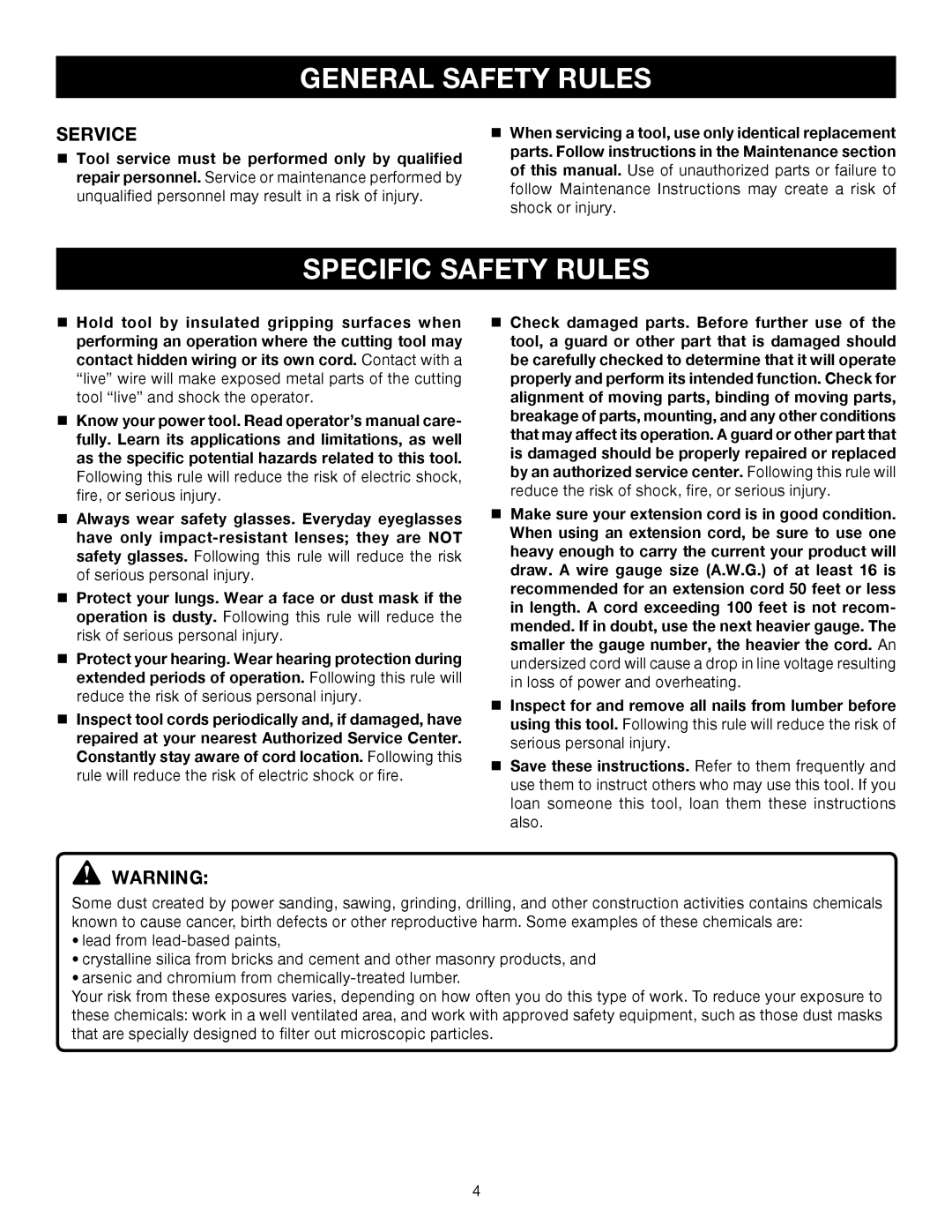 Ryobi D46C manual Specific Safety Rules, Service 