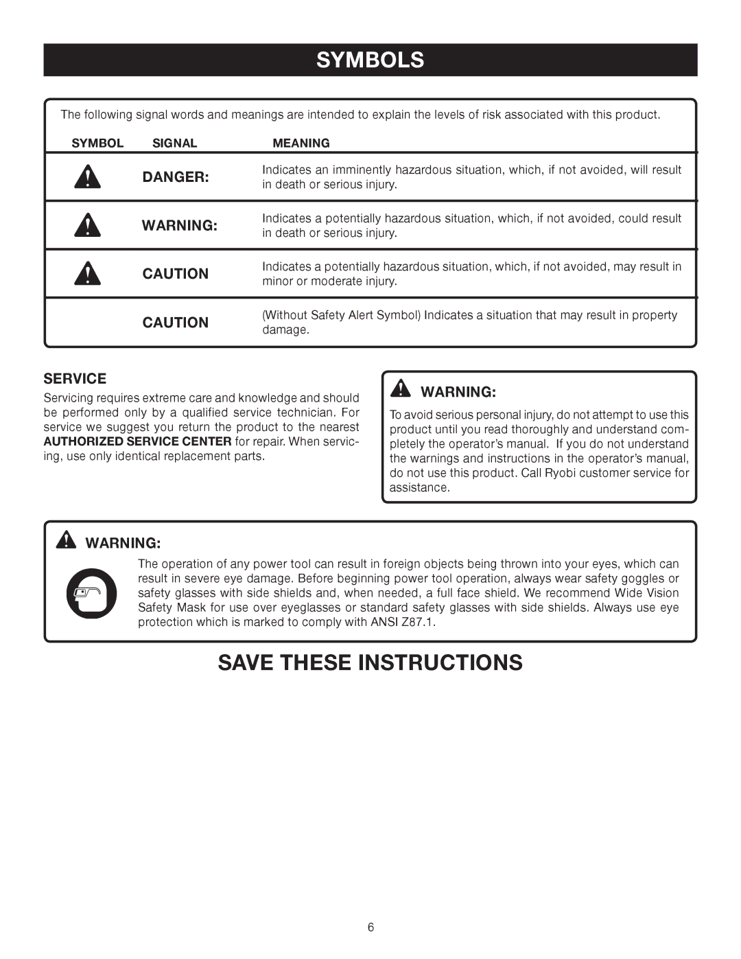 Ryobi D46C manual Symbol Signal Meaning 