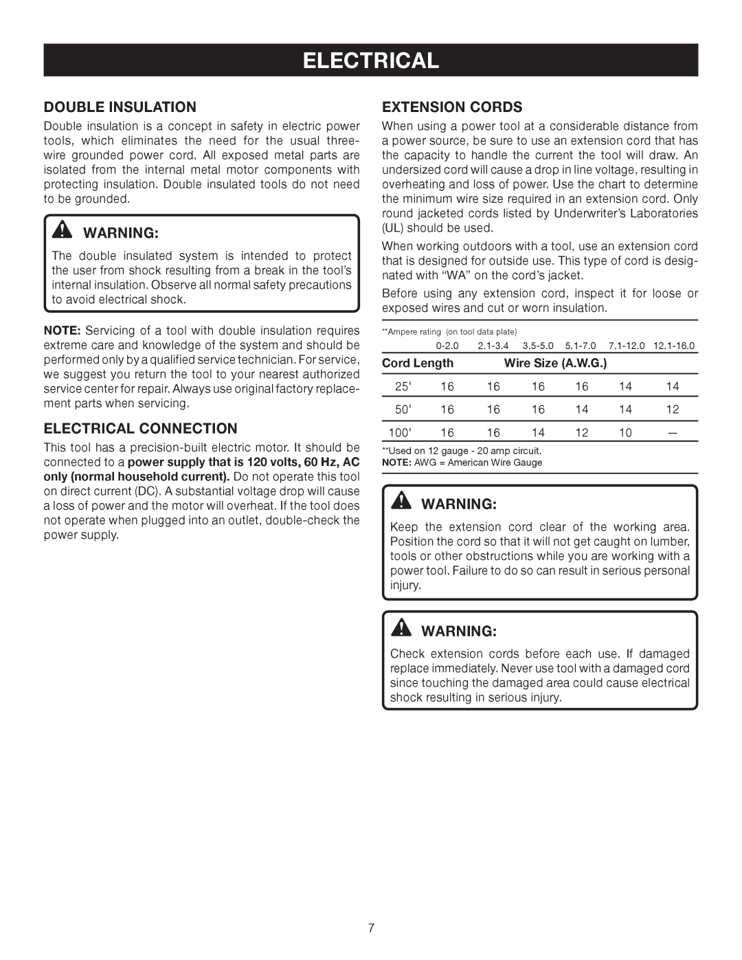 Ryobi D46C manual Double Insulation, Electrical Connection, Extension Cords 