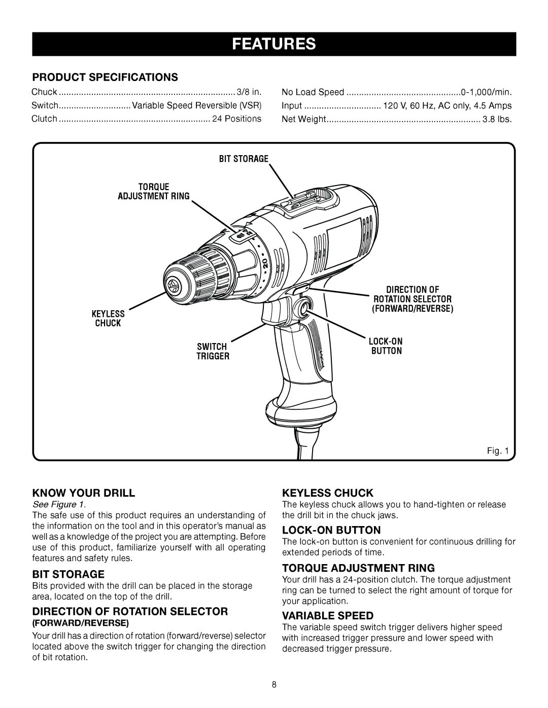 Ryobi D46C manual Features 