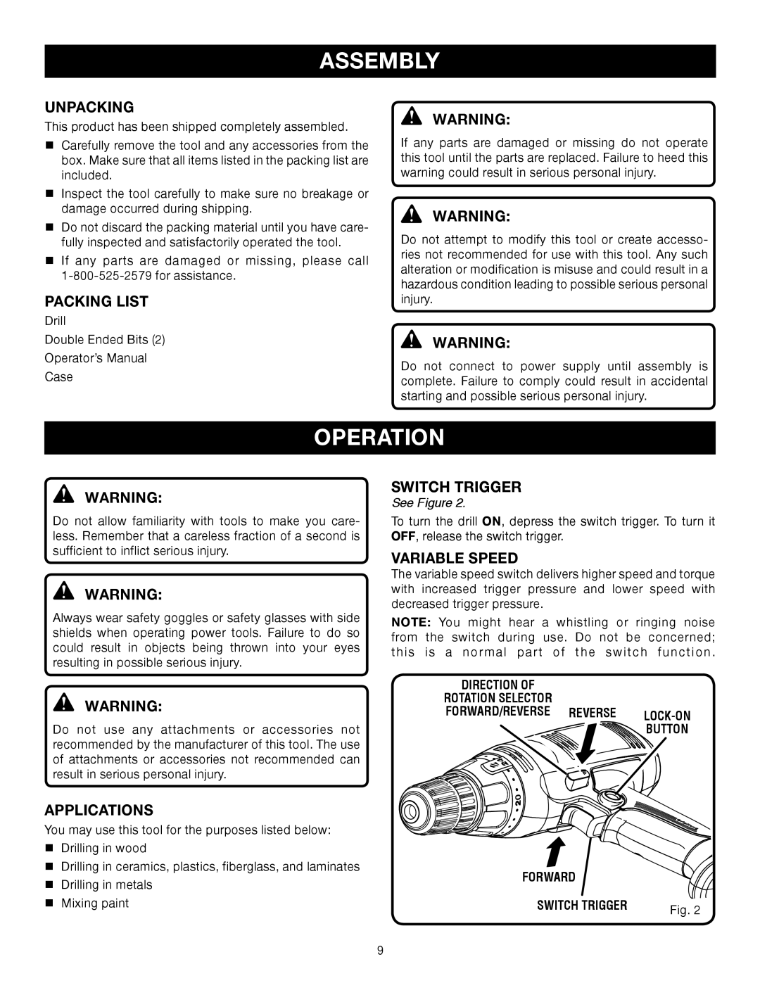 Ryobi D46C manual Assembly, Operation 