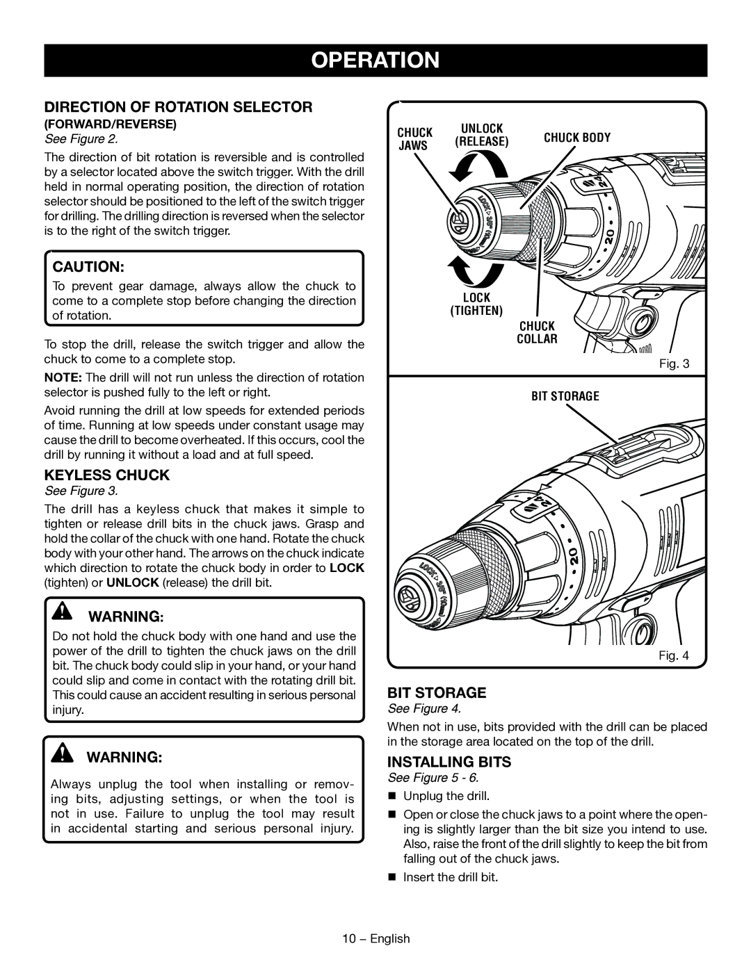 Ryobi D46CK manuel dutilisation Installing Bits, FORWARD/REVERSE See Figure 