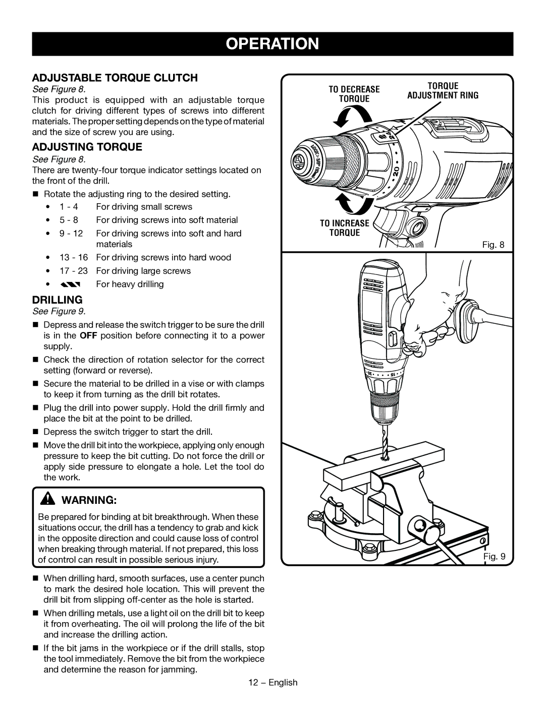 Ryobi D46CK manuel dutilisation Adjustable torque clutch, Drilling 