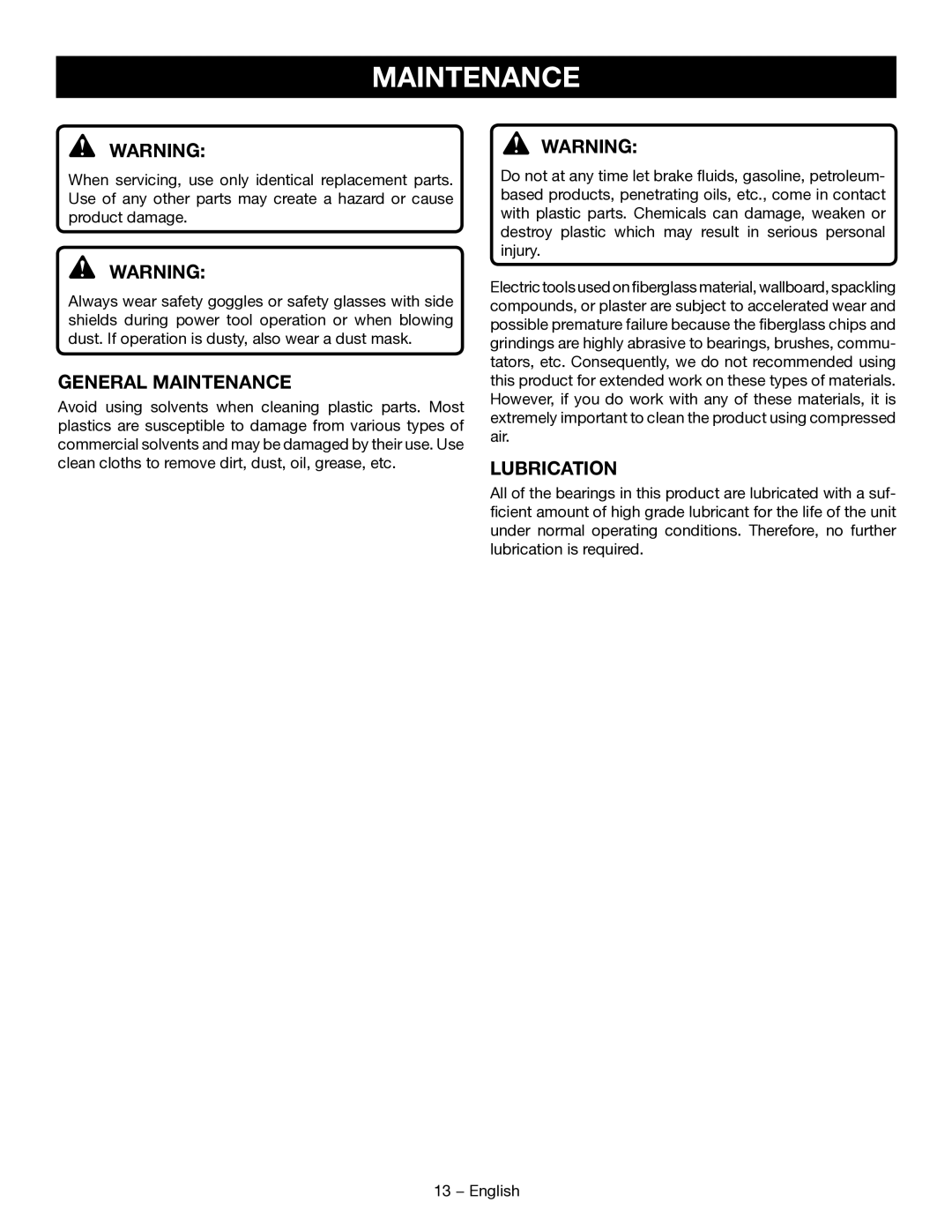 Ryobi D46CK manuel dutilisation General Maintenance, Lubrication 