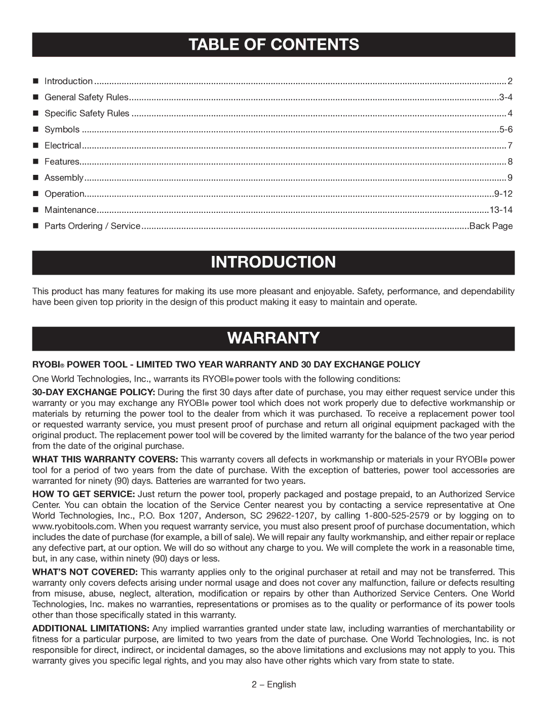 Ryobi D46CK manuel dutilisation Introduction, Table of Contents 