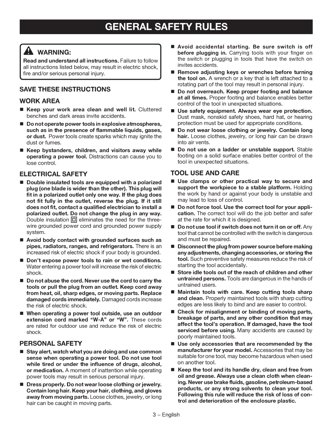 Ryobi D46CK manuel dutilisation General Safety Rules, Work Area, Electrical Safety, Personal Safety, Tool USE and Care 