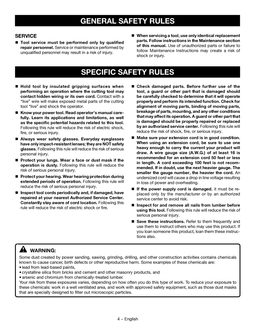 Ryobi D46CK manuel dutilisation Specific Safety Rules, Service 