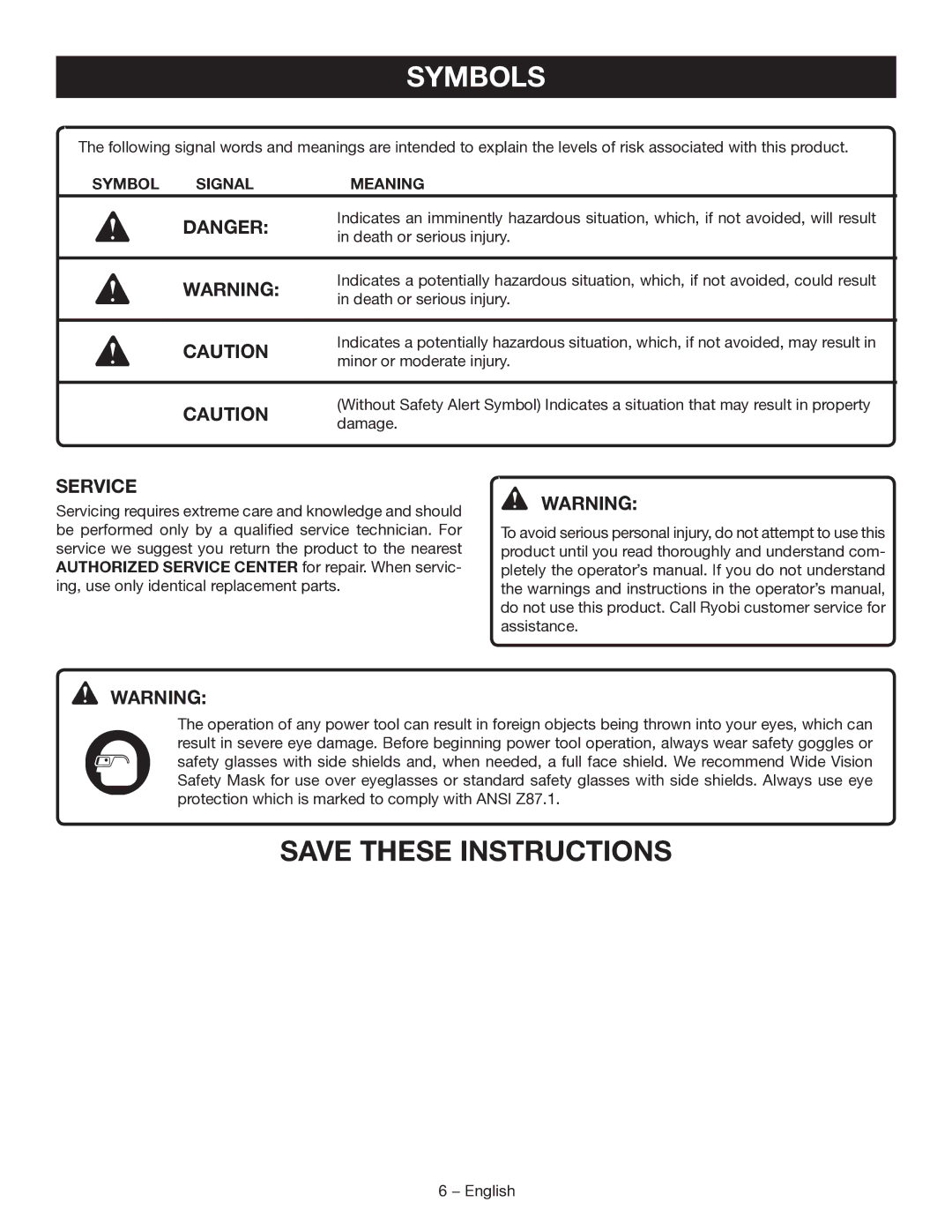 Ryobi D46CK manuel dutilisation Symbol Signal Meaning 