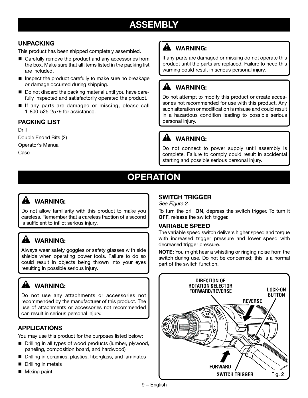 Ryobi D46CK manuel dutilisation Assembly, Operation 