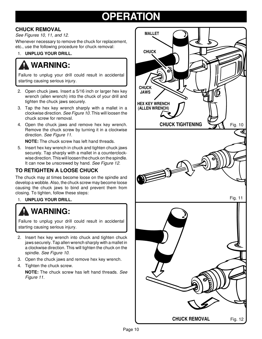 Ryobi D50VSR To Retighten a Loose Chuck, Chuck Tightening Chuck Removal, See Figures 10, 11, Mallet Chuck Jaws 