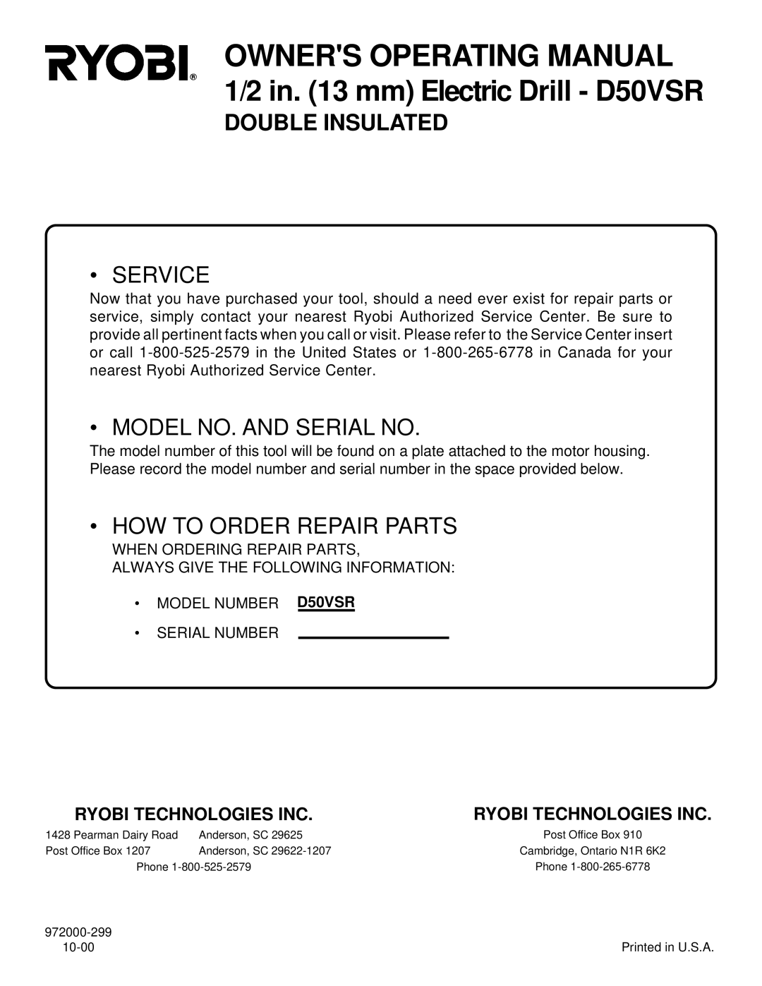 Ryobi D50VSR specifications Service 