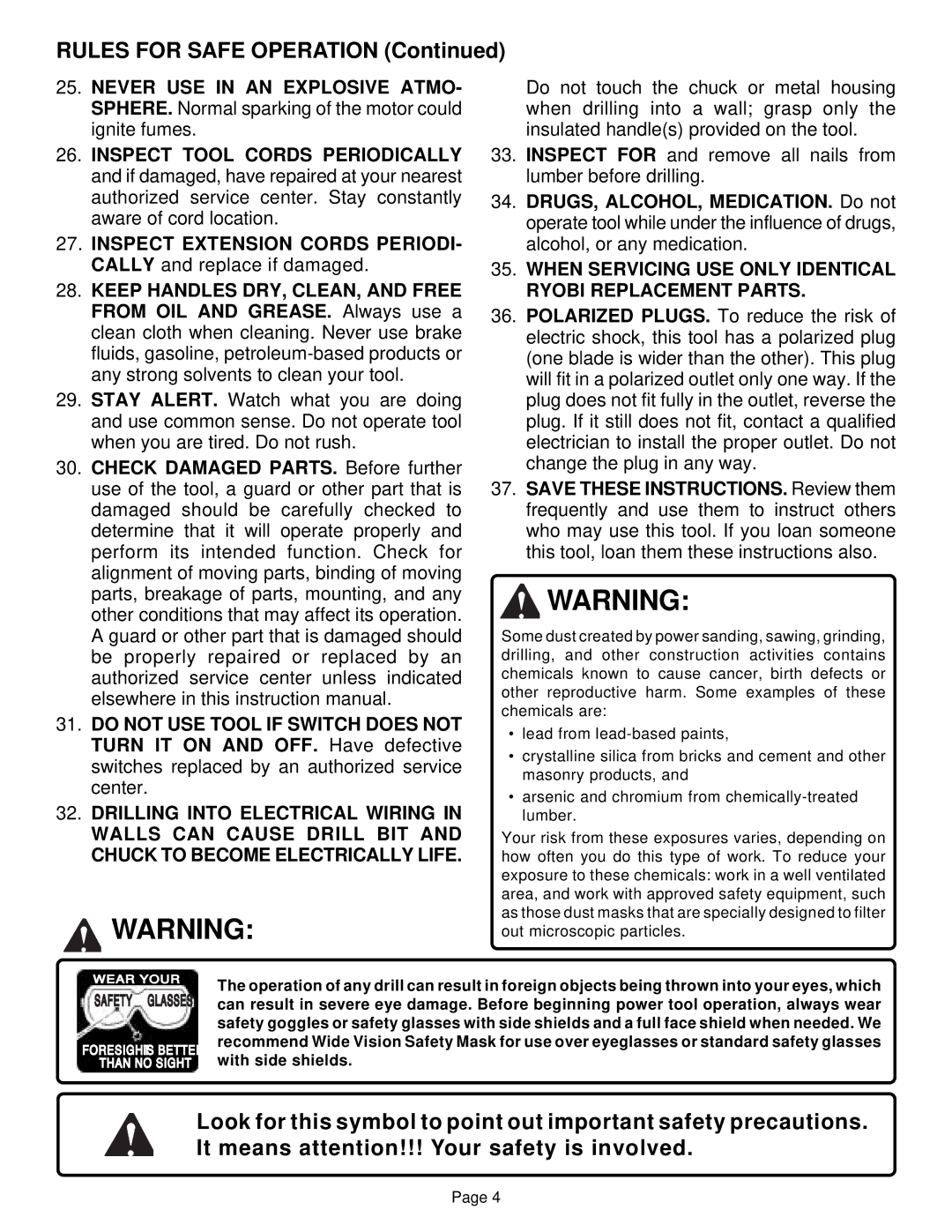 Ryobi D50VSR specifications Rules for Safe Operation, When Servicing USE only Identical Ryobi Replacement Parts 