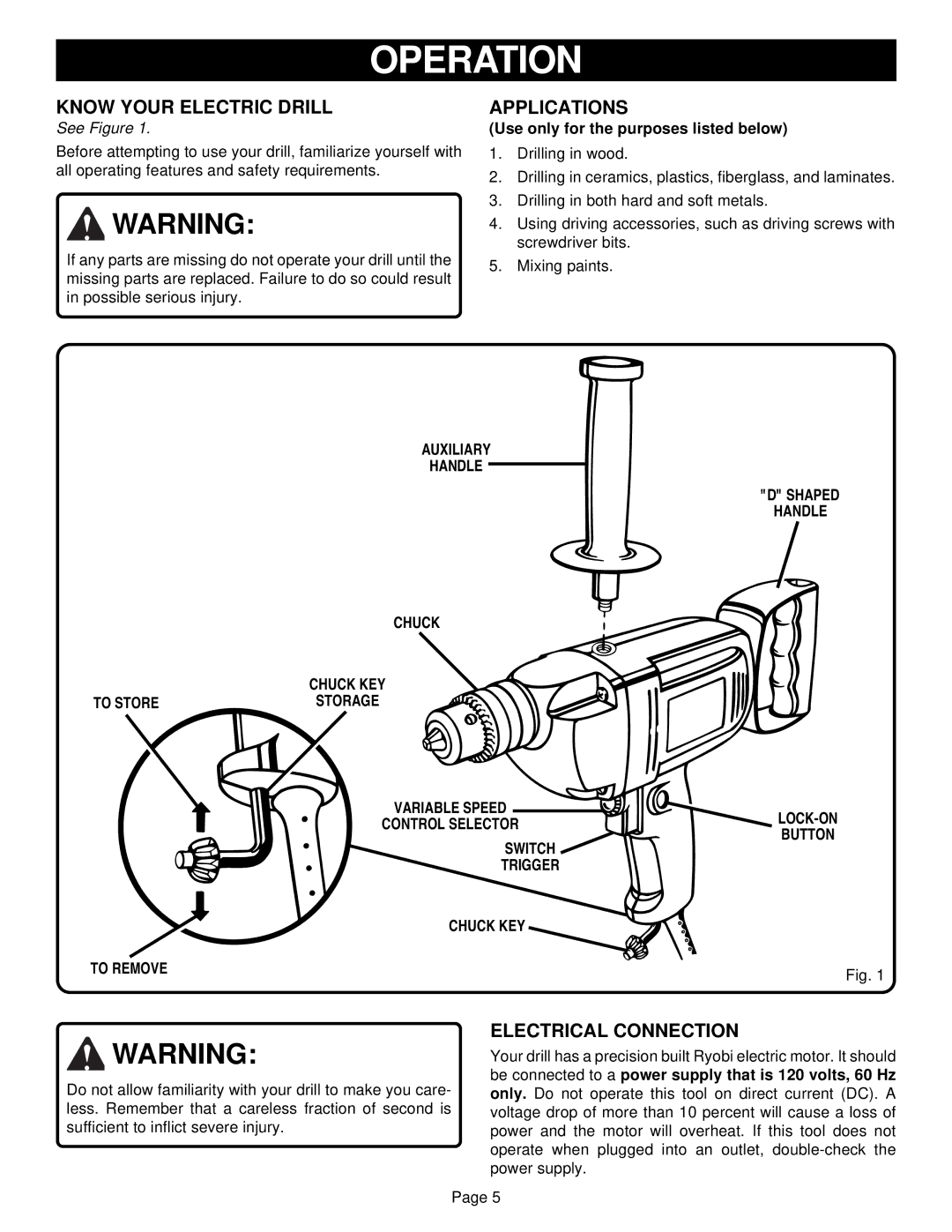 Ryobi D50VSR specifications Operation, Know Your Electric Drill, Applications, Electrical Connection 