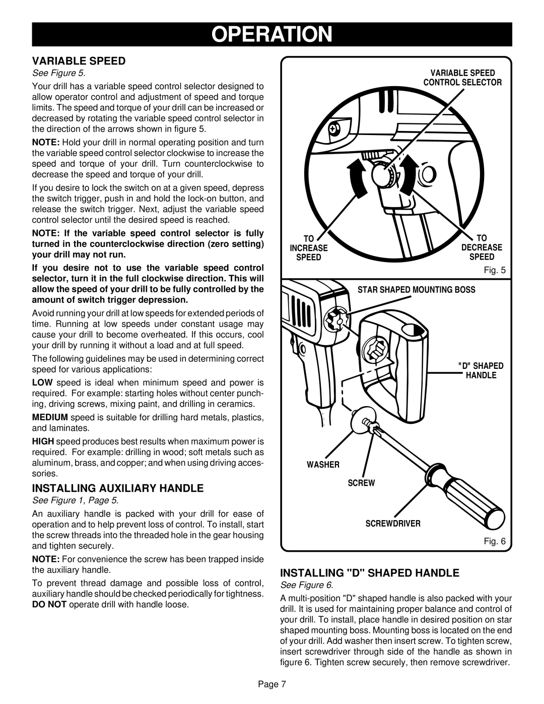 Ryobi D50VSR specifications Variable Speed, Installing Auxiliary Handle, Installing D Shaped Handle 