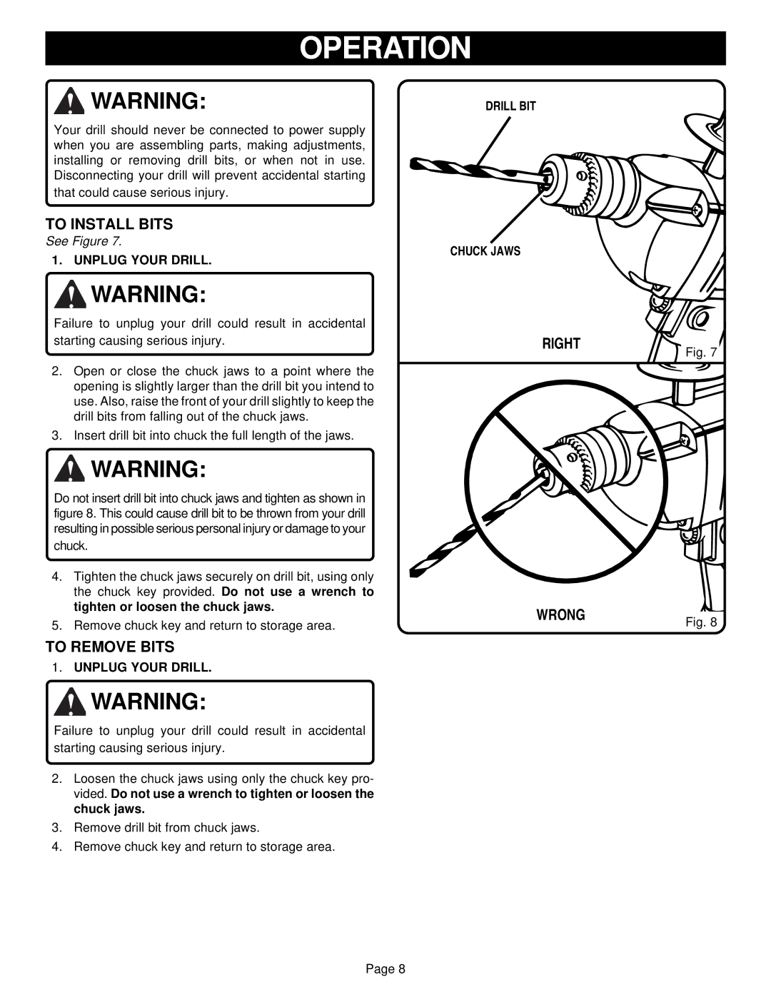 Ryobi D50VSR specifications To Install Bits, Right, Wrong, To Remove Bits 