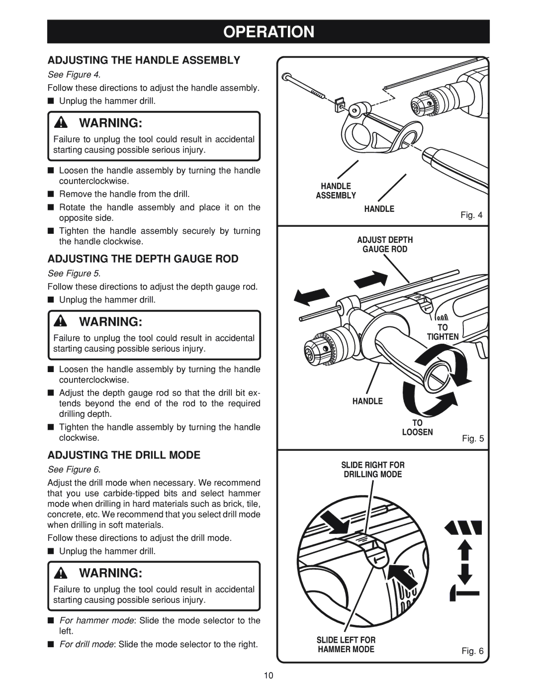 Ryobi D550H manual Adjusting the Handle Assembly, Adjusting the Depth Gauge ROD, Adjusting the Drill Mode 