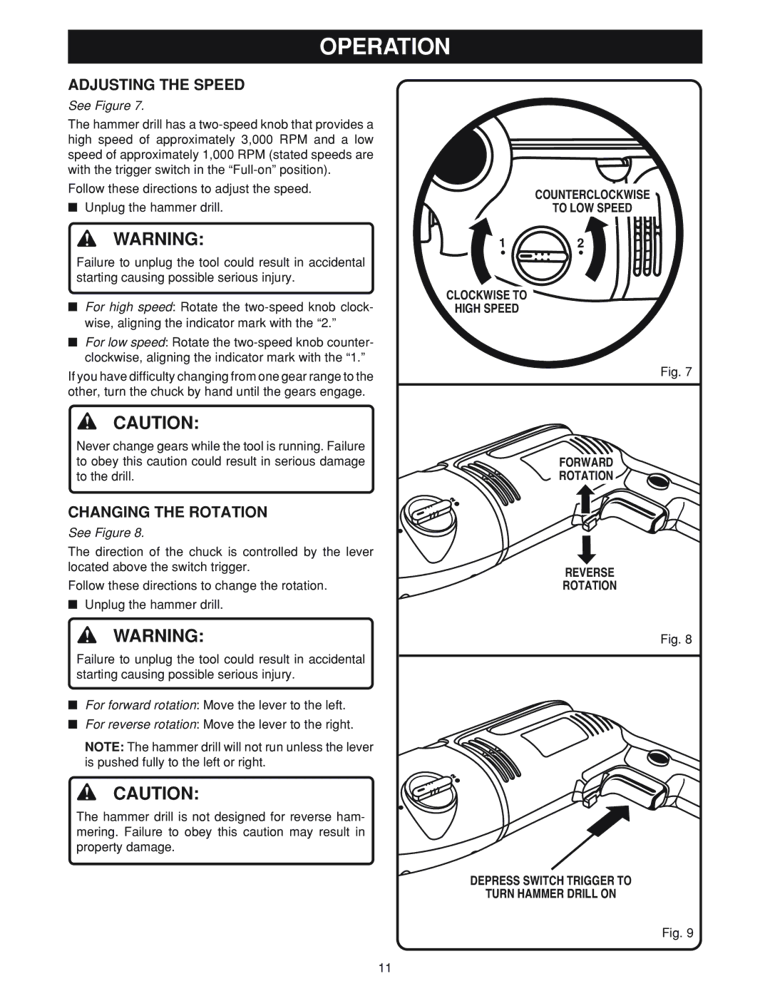 Ryobi D550H manual Adjusting the Speed, Changing the Rotation 