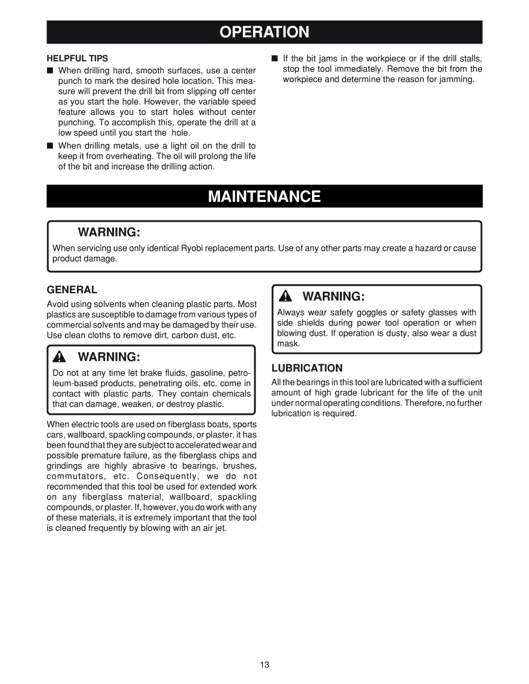 Ryobi D550H manual Maintenance, General, Lubrication, Helpful Tips 