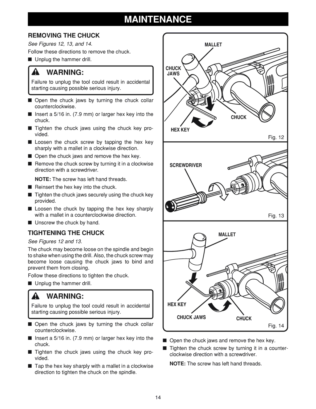 Ryobi D550H manual Removing the Chuck, Tightening the Chuck, Mallet Chuck Jaws HEX KEY Screwdriver 