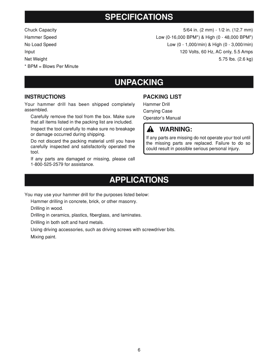 Ryobi D550H manual Specifications, Unpacking, Applications, Instructions, Packing List 