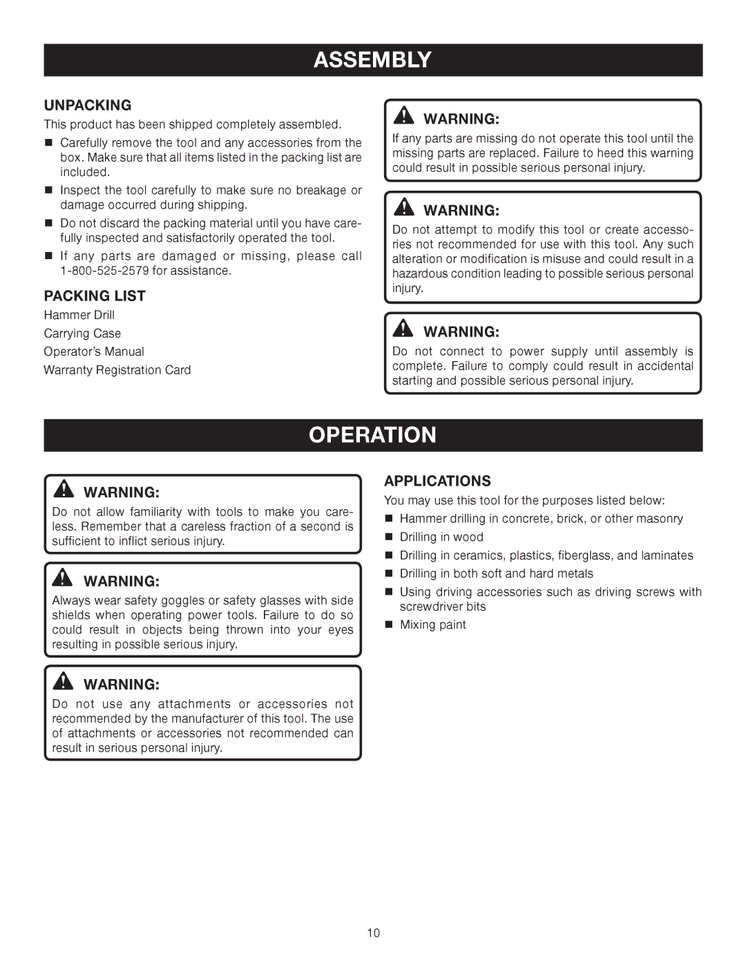 Ryobi D551H manual Assembly, Operation, Unpacking, Packing List, Applications 