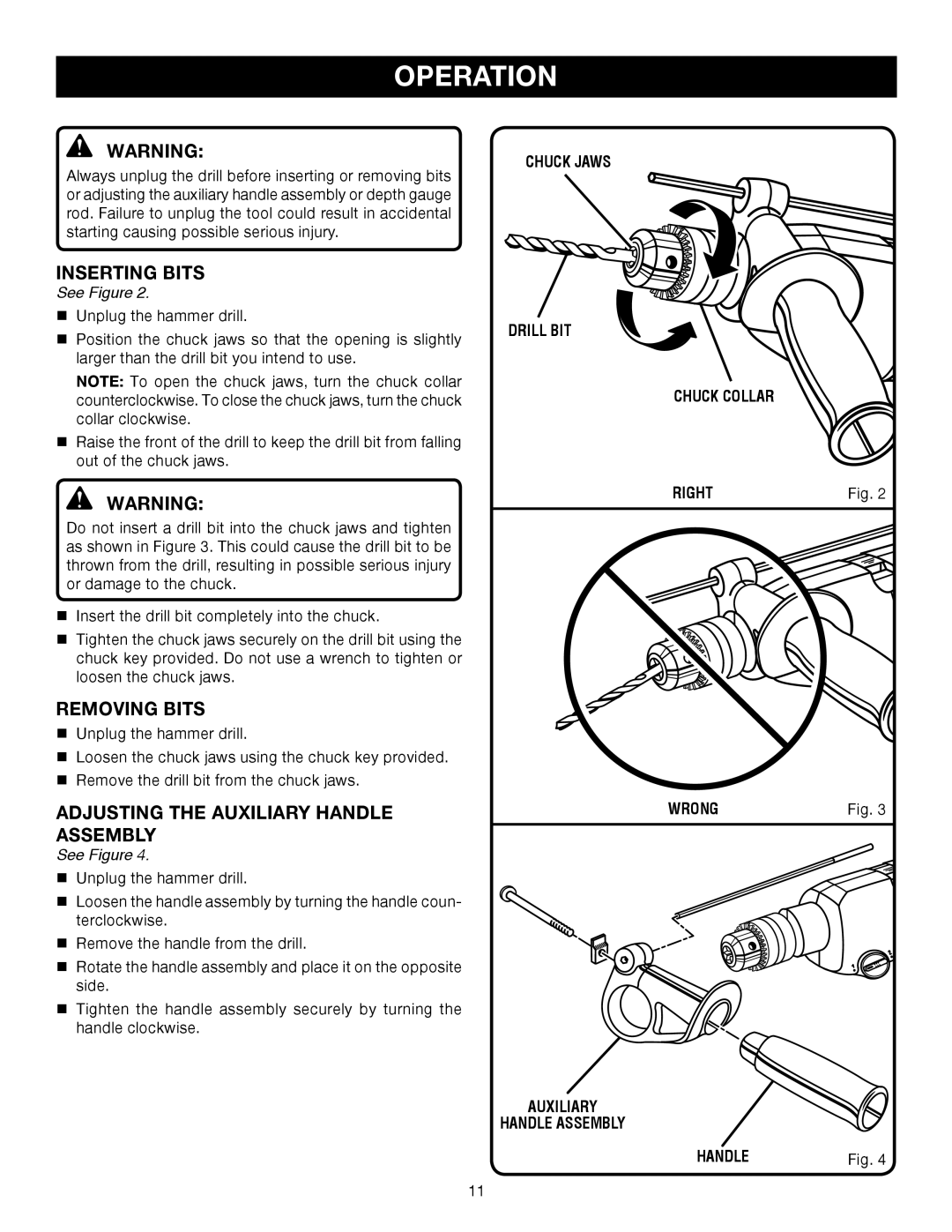 Ryobi D551H manual Inserting Bits, Removing Bits, Adjusting the Auxiliary Handle Assembly 