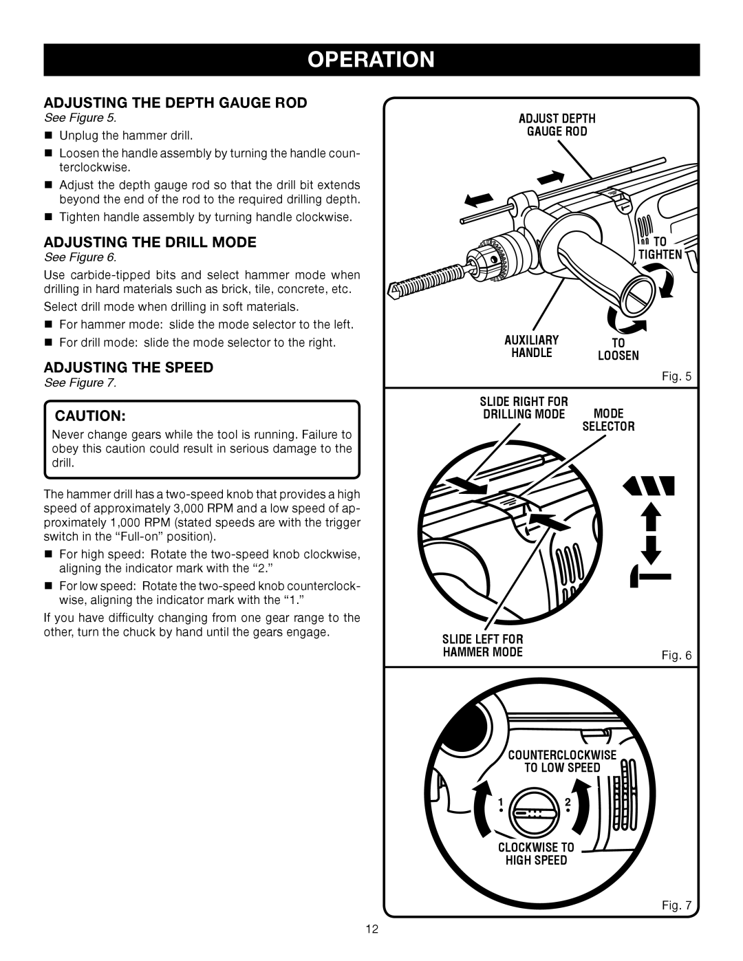 Ryobi D551H manual Adjusting the Depth Gauge ROD, Adjusting the Drill Mode, Adjusting the Speed 