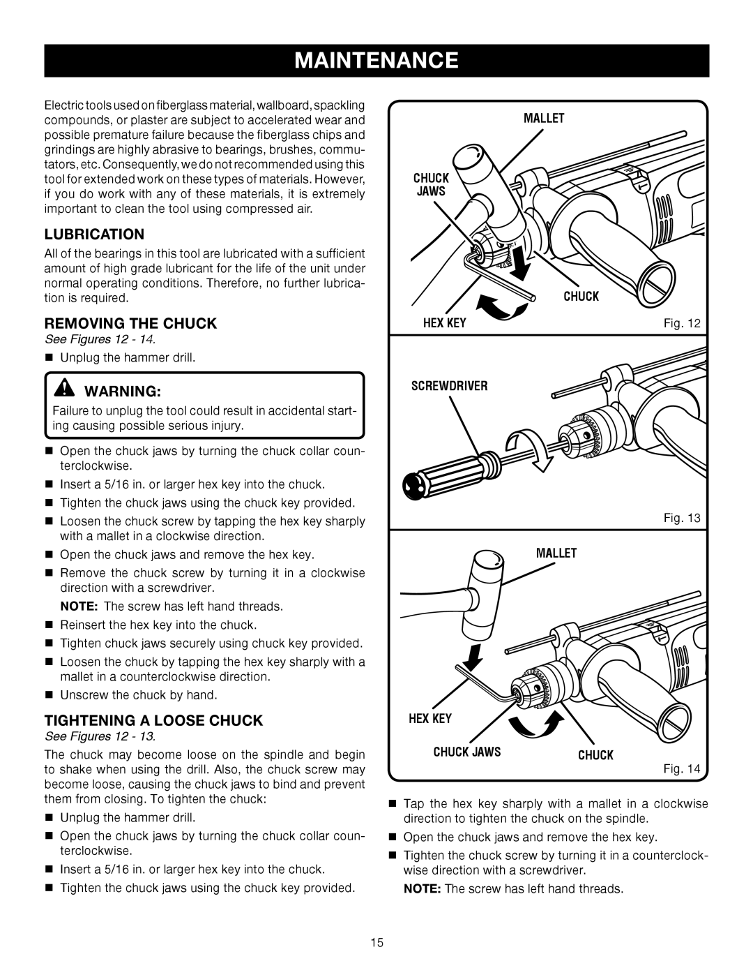 Ryobi D551H manual Lubrication, Removing the Chuck, Tightening a Loose Chuck 