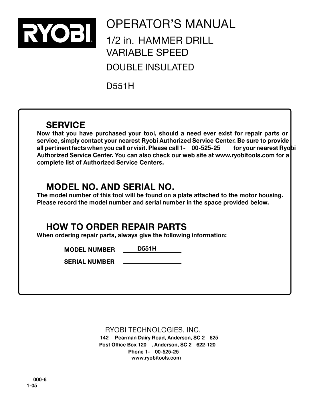 Ryobi D551H manual Service Model NO. and Serial no 