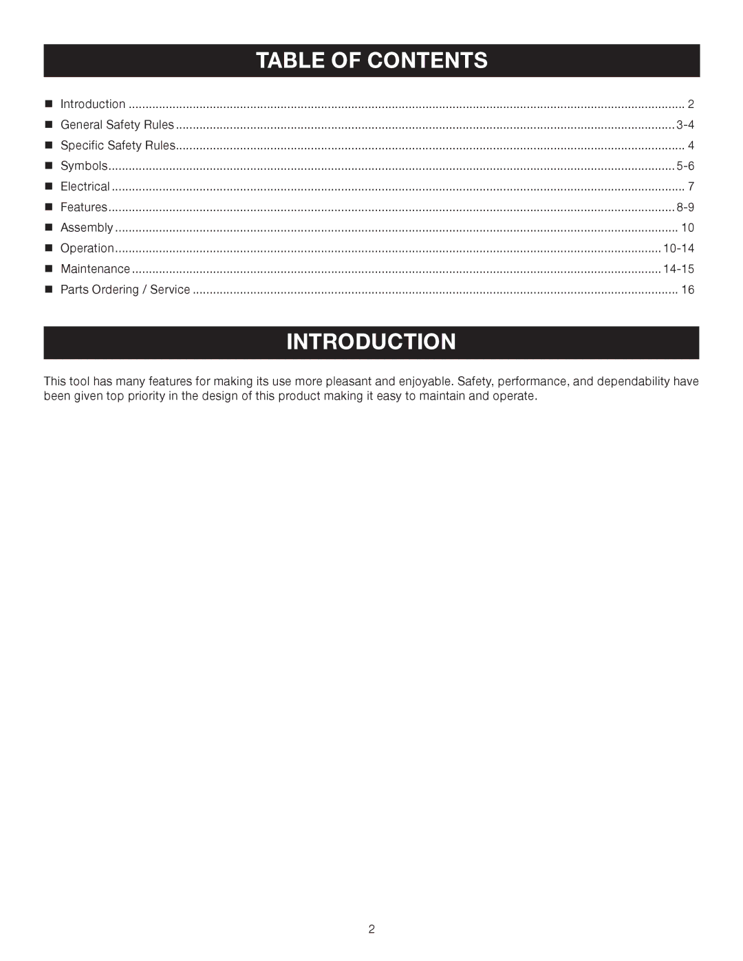 Ryobi D551H manual Introduction, Table of Contents 