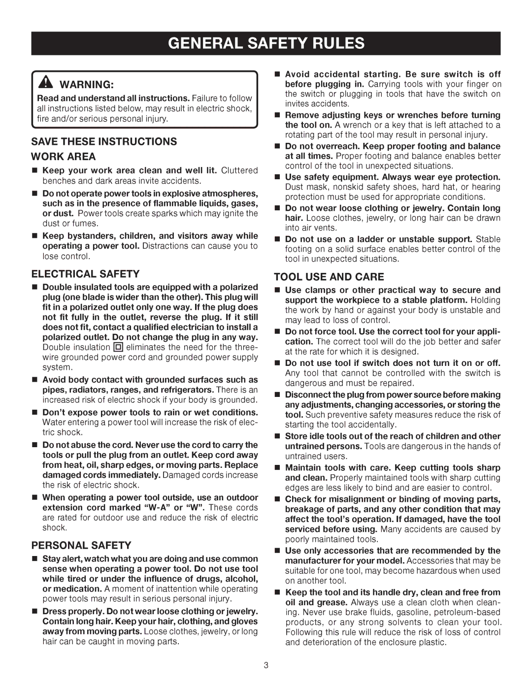 Ryobi D551H manual General Safety Rules, Work Area, Electrical Safety, Personal Safety, Tool USE and Care 