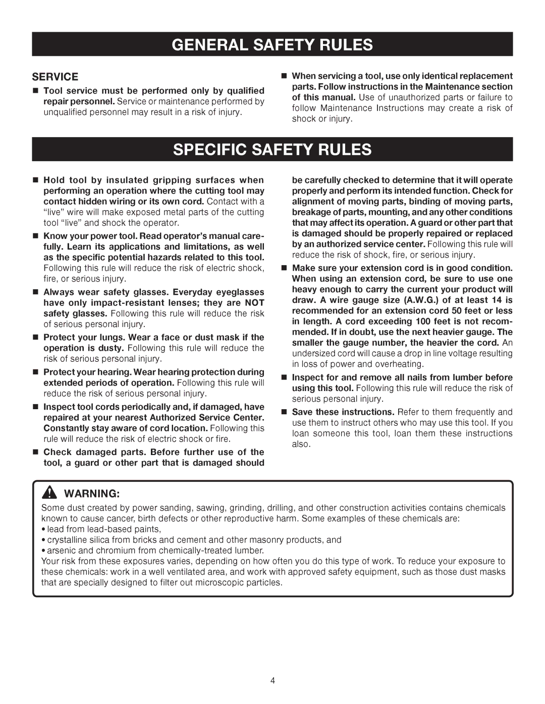 Ryobi D551H manual Specific Safety Rules, Service 