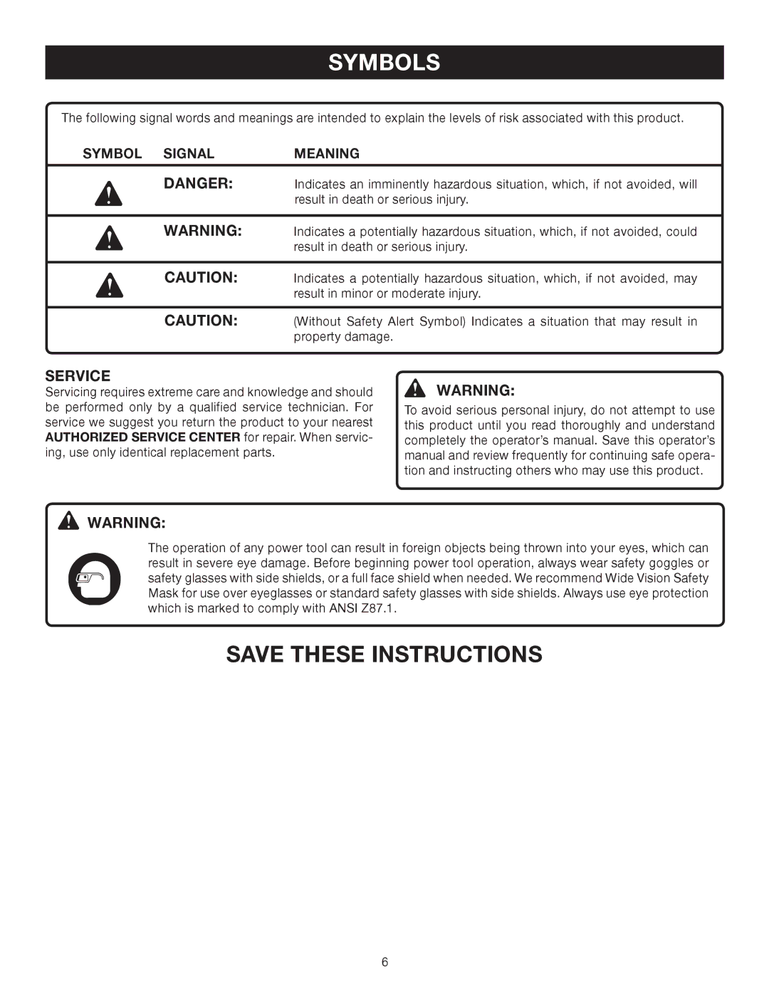 Ryobi D551H manual Symbol Signal Meaning 