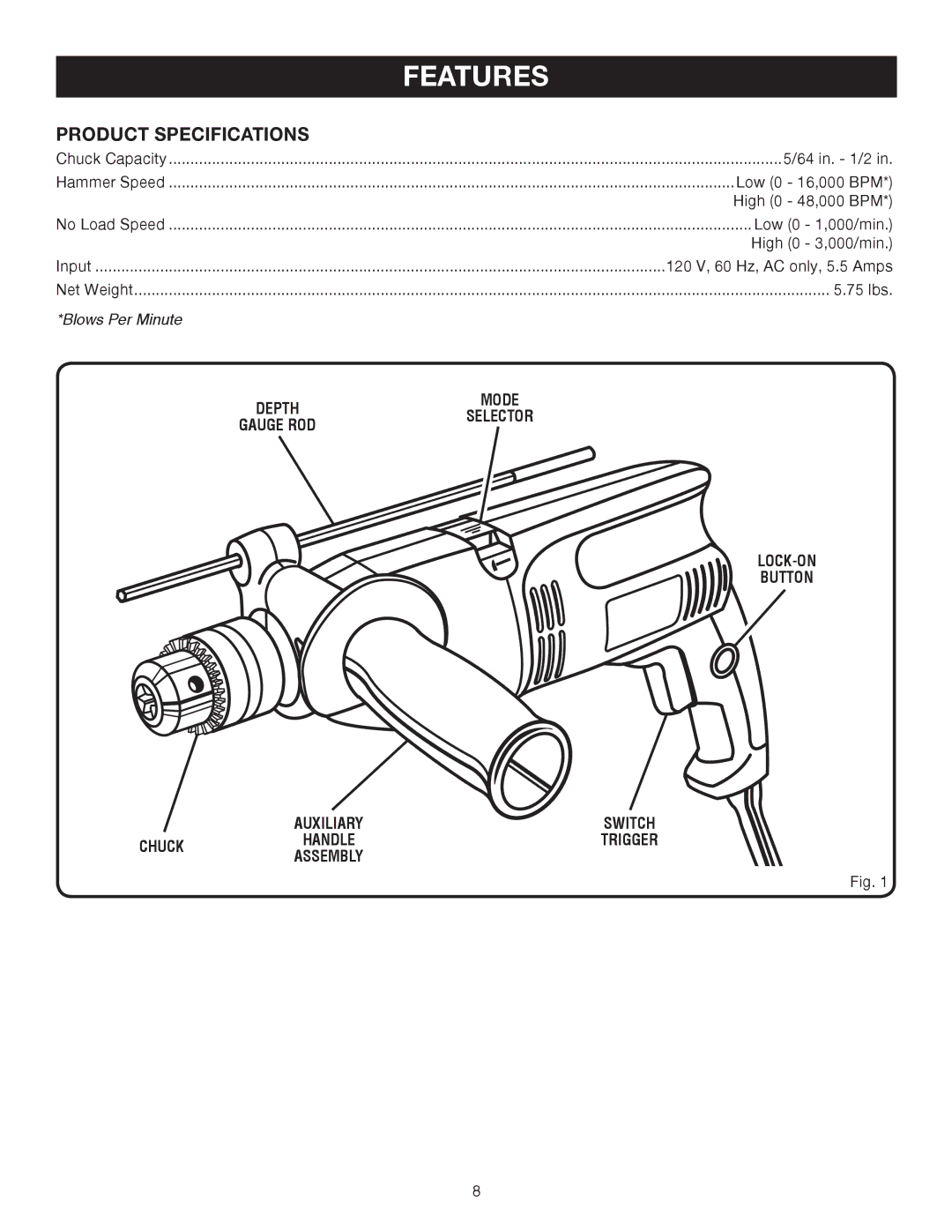 Ryobi D551H manual Features, Product Specifications 