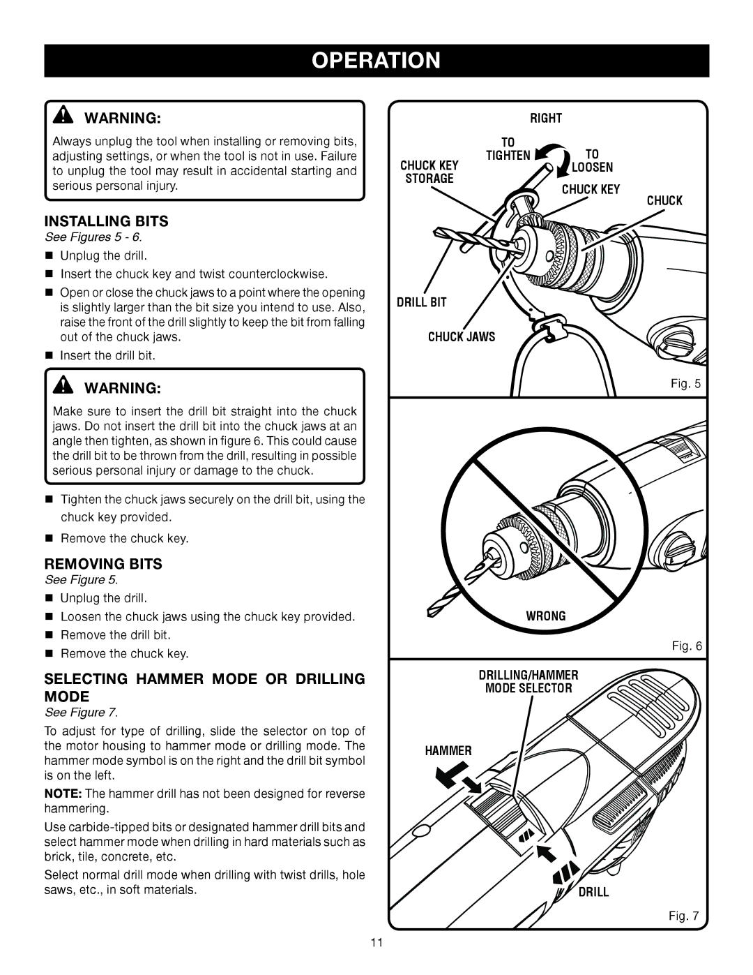 Ryobi D552HK manual Installing Bits, Removing Bits, Selecting hammer Mode or drilling mode 