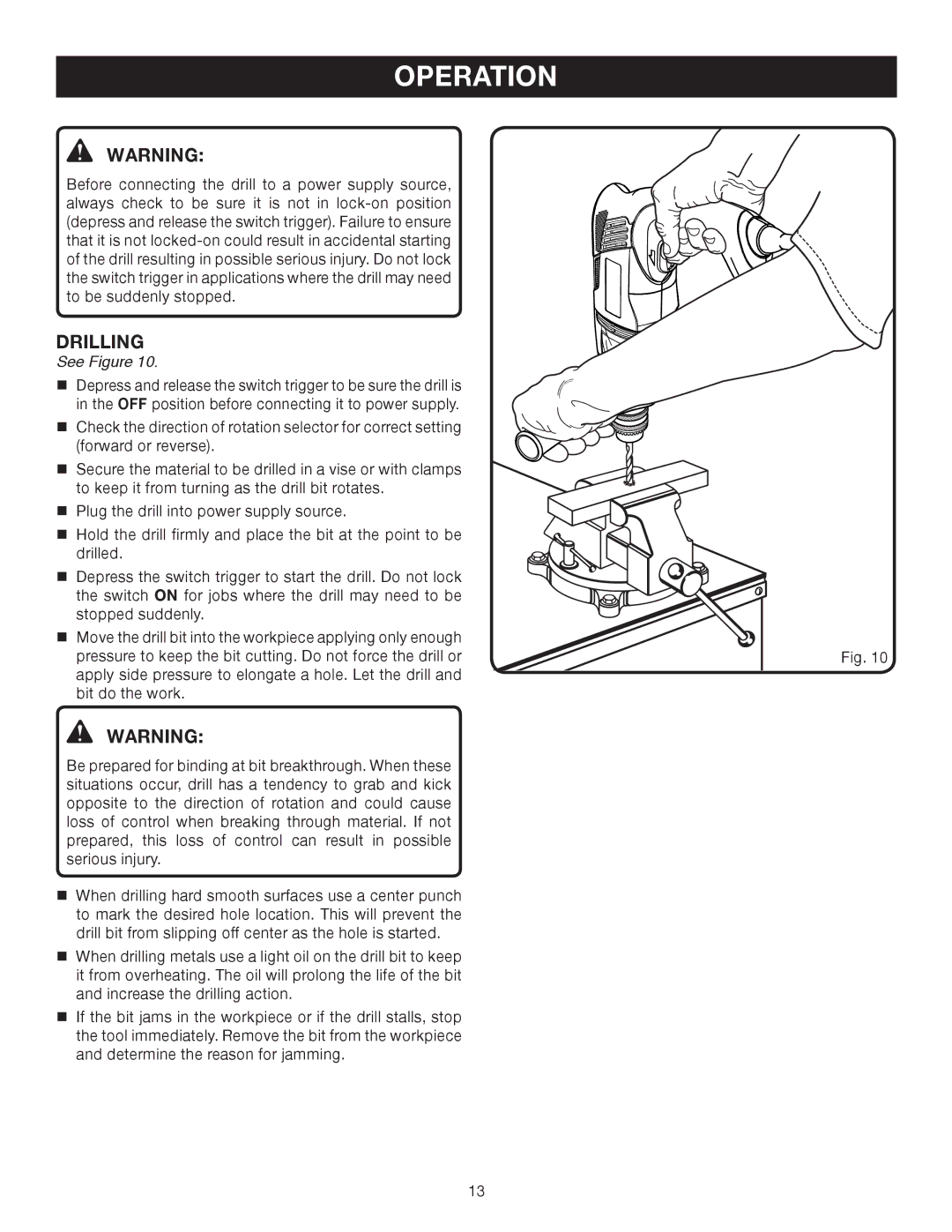 Ryobi D552HK manual Drilling 