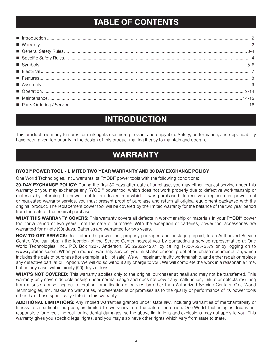 Ryobi D552HK manual Introduction, Table of Contents 